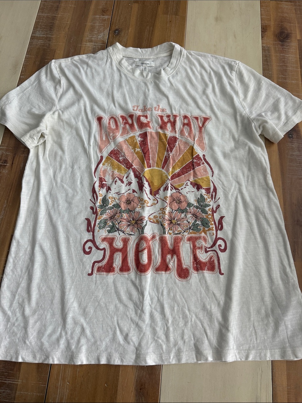 Maurices White Short Sleeve Tee with Red, Yellow and Pink Retro Graphic